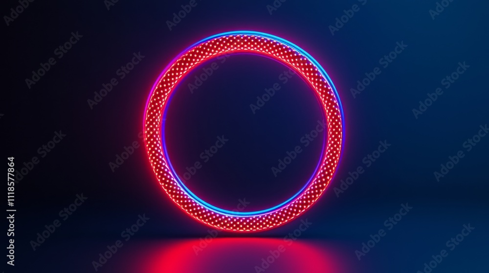 Poster a glowing circular design in red and blue hues against a dark background, creating a striking visual