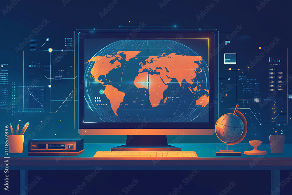 Poster a digital workspace featuring a globe and a computer displaying a world map.