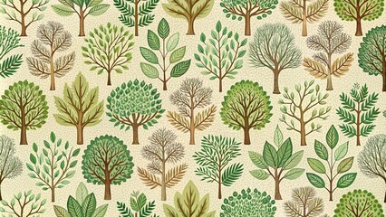Colorful forest pattern with leaves, branches and mushrooms