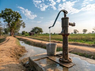 Manual water pump with bucket on rural landscape during sunset