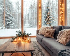 Cozy winter living room with festive decorations and snow-covered landscape outside