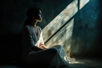 Woman in shadowed room embodying fear and sadness in a tense abusive environment.