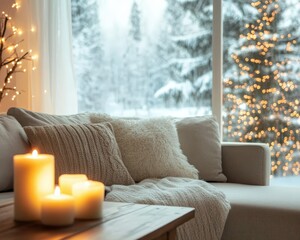 Cozy winter living room with candles and festive lights in snowy landscape