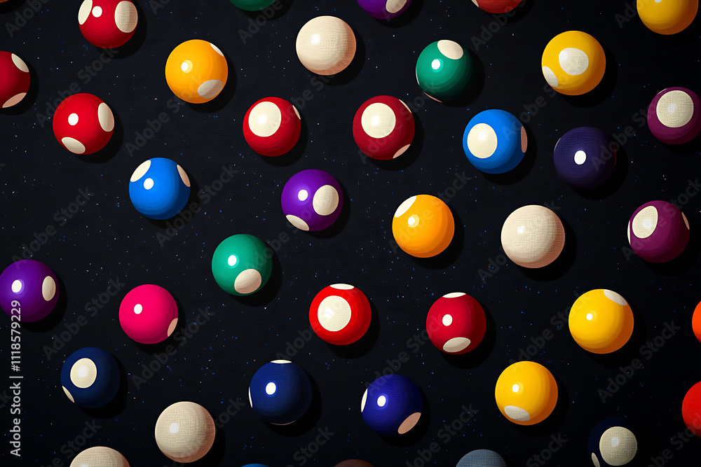 Poster a colorful arrangement of billiard balls on a dark surface, creating a vibrant visual effect.
