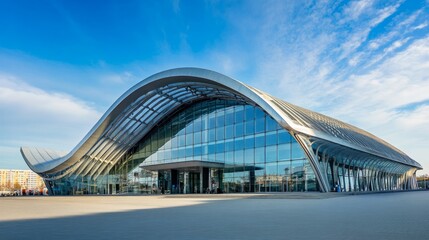 Obraz premium Modern glass and steel building with curved roof under a blue sky.