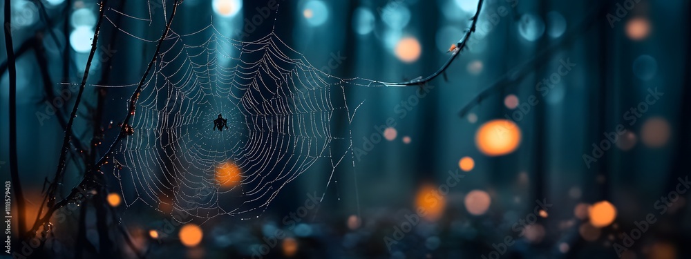 Wall mural a close-up of a spider web in the forest, with blurred trees and bokeh effects creating a mysterious