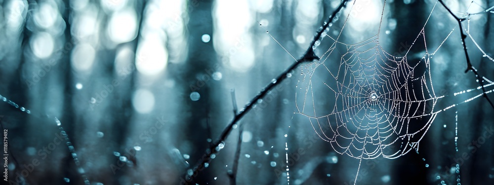 Wall mural a close-up of a spider web in the forest, with blurred trees and bokeh effects creating a mysterious