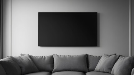 Modern gray sofa and blank black framed artwork on a white wall in a minimalist living room.