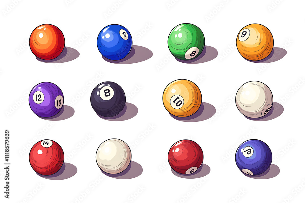 Poster a collection of billiard balls arranged in a grid, showcasing various colors and numbers.