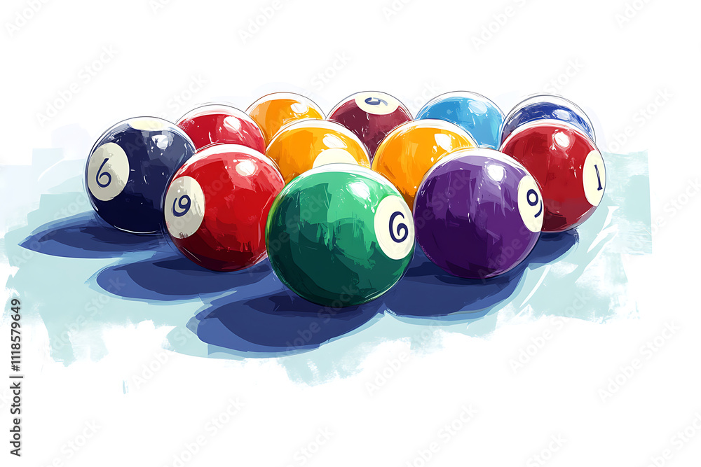 Poster a collection of colorful billiard balls arranged in a triangular formation.