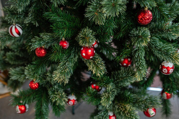 Merry x-mas,Close up of Colorful balls ,gifts box and Christmas greeting picture parcel,bell decoration on Green Christmas tree background Decoration During Christmas and New Year.