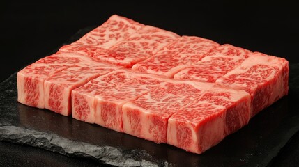 Perfectly marbled beef cuts, including skirt steak and short ribs, hovering against a sleek black stone backdrop, showcasing premium quality.