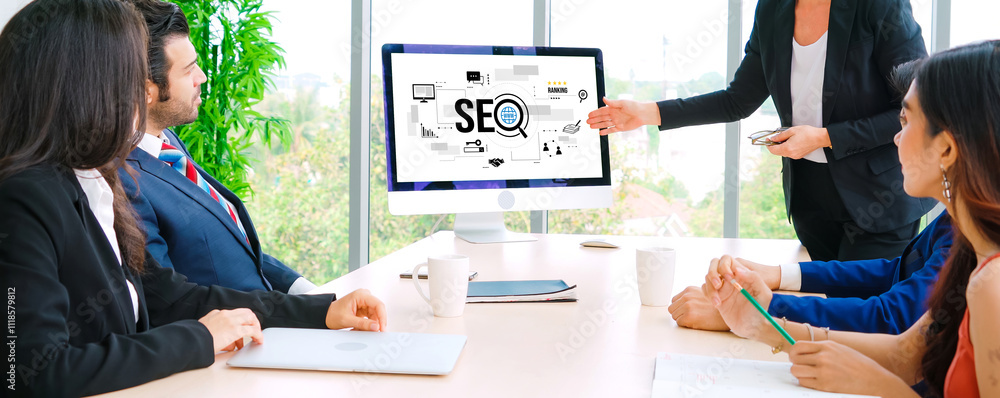 Poster seo search engine optimization for modish e-commerce and online retail business showing on computer 