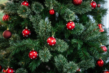 Merry x-mas,Close up of Colorful balls ,gifts box and Christmas greeting picture parcel,bell decoration on Green Christmas tree background Decoration During Christmas and New Year.