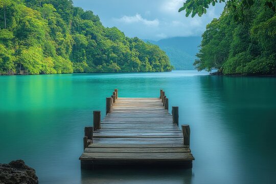 Calm turquoise water surrounds a wooden dock nestled in a lush tropical landscape under a cloudy sky in the midst of nature