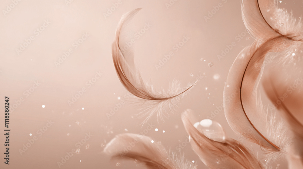 Poster delicate floating feathers in soft mocha tones with a dreamy atmosphere, accented by light particles