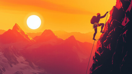 Generative AI illustration of side view of active climber in protective helmet hanging on mountain holding on to rope in warm light of sunset