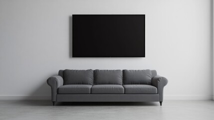Modern gray sofa and blank black screen on white wall in minimalist living room.