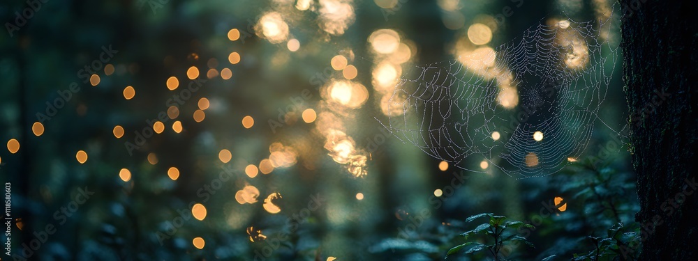Wall mural a close-up of a spider web in the forest, with blurred trees and bokeh effects creating a mysterious