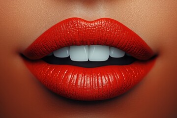 Obraz premium Bright red lips showcase gloss and healthy teeth, ideal for beauty and fashion inspiration for summer looks and makeup trends