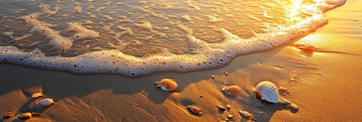 Sunset waves and seashells on a tranquil beach shoreline