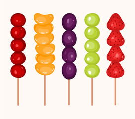 Tanghulu Fruit Coated in Sugar Syrup. Asian Street Food. Strawberry, Orange, Grape, Kiwi, Muscat Tanghulu. Tiongkok Korean Food