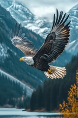 Obraz premium Bald eagle soaring over a serene lake surrounded by majestic mountains in the background on a cloudy day