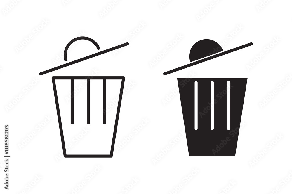 Poster open trashcan icon. garbage can symbol. delete sign. trash container with arrow logo. trash bucket v