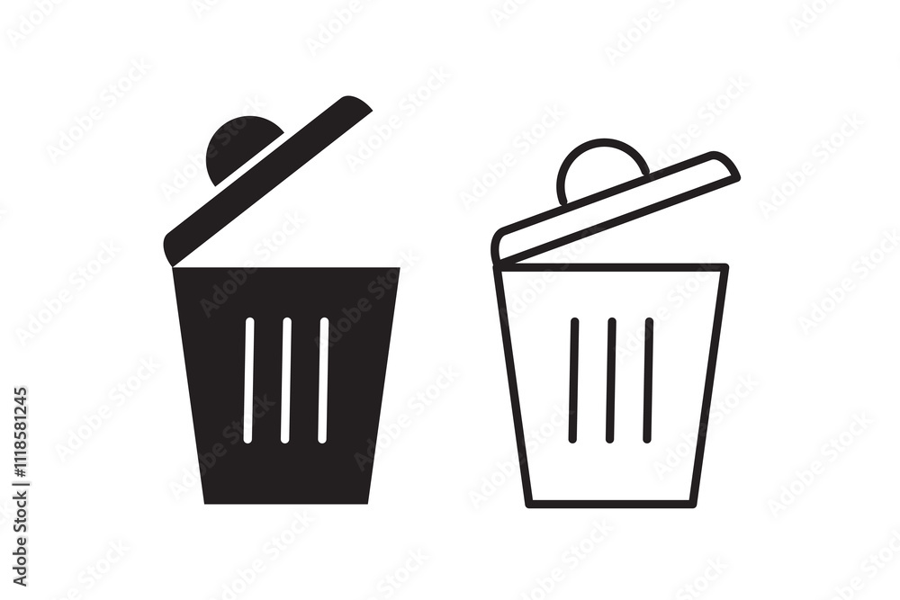 Poster open trashcan icon. garbage can symbol. delete sign. trash container with arrow logo. trash bucket v