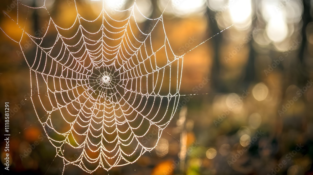 Wall mural a close-up of a spider web in the forest, with blurred trees and bokeh effects creating a mysterious