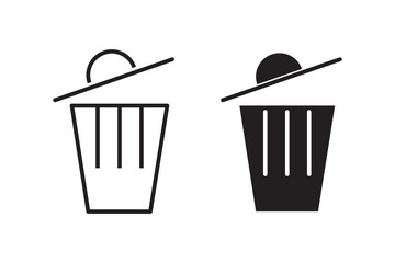 Open trashcan icon. Garbage can symbol. Delete sign. Trash container with arrow logo. Trash bucket vector illustration