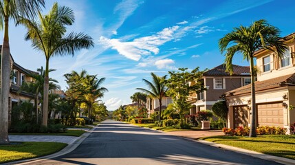 Fototapeta premium Sunny Florida Subdivision: Gated Community Houses and Palm-Lined Streets