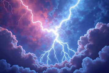 Lightning is striking through dramatic purple and blue clouds in a stormy sky