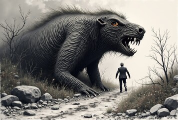Fototapeta premium Businessman running away from giant aggressive monster in surreal landscape