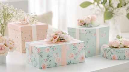 Elegant Floral Gift Boxes with Fresh Flowers on a Soft Background