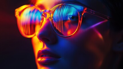 Vibrant portrait of a young woman in colorful glasses reflecting bright lights in an urban setting at night