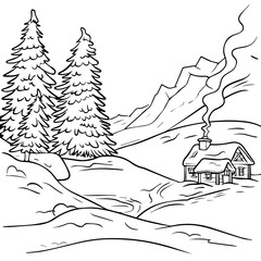Mountain refuge cabin. Winter alpine landscape vector hand drawing