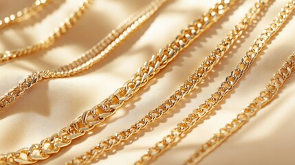 Fototapeta premium Elegant Display of Shiny Gold Chains on Luxurious Satin Fabric
