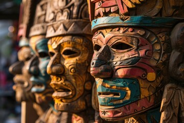 Obraz premium Traditional Mayan Wooden Masks at a Colorful Mexican Market