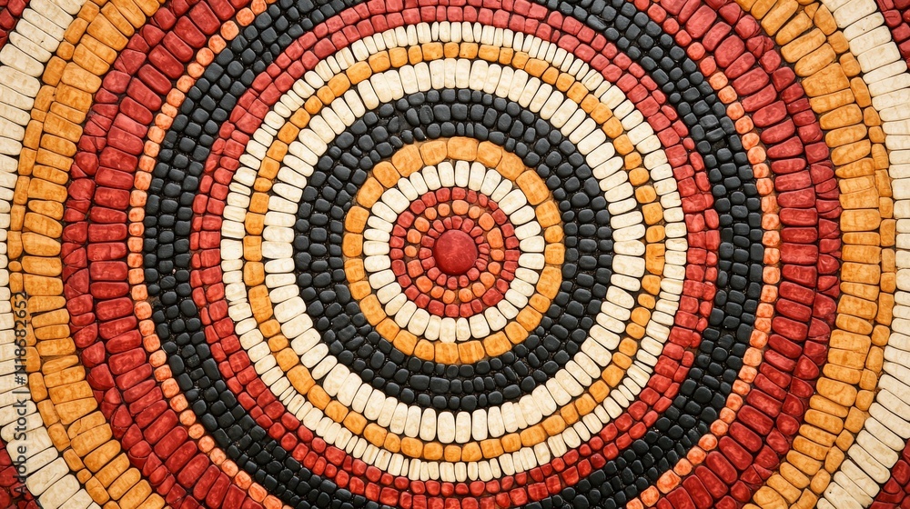 Poster a vibrant circular pattern made of colorful stones arranged in concentric circles, showcasing artist