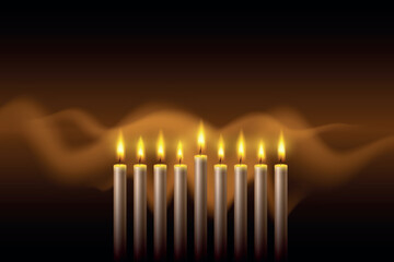 Hanukkah menorah, or hanukkiah for Jewish holiday Hanukkah. Hanukkah lamp, nine-branched candelabrum. Wave lights effects. EPS10 vector.