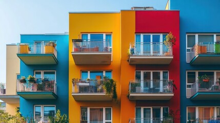 Colorful apartment building with balconies and plants.