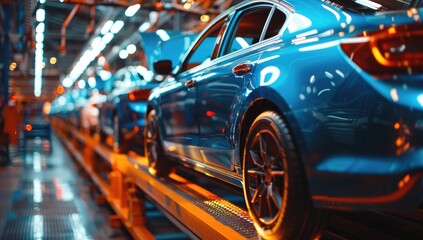 Photo of automobile production line. Modern car assembly plant. Modern and high-tech automotive industry