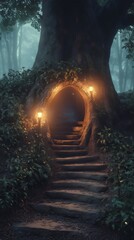 Fototapeta premium Enchanted Forest Treehouse: A mystical and enchanting treehouse nestled within a verdant forest, bathed in the ethereal glow of twilight.