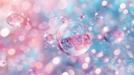 3D rendered liquid bubble containing a molecule, in a cosmetic essence, with a DNA water splash background. Captivating and vibrant