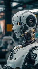 Fototapeta premium Advanced humanoid robot: Close-up of a futuristic, lifelike robot's head and shoulders, showcasing intricate details and advanced technology. A captivating image for AI, robotics.