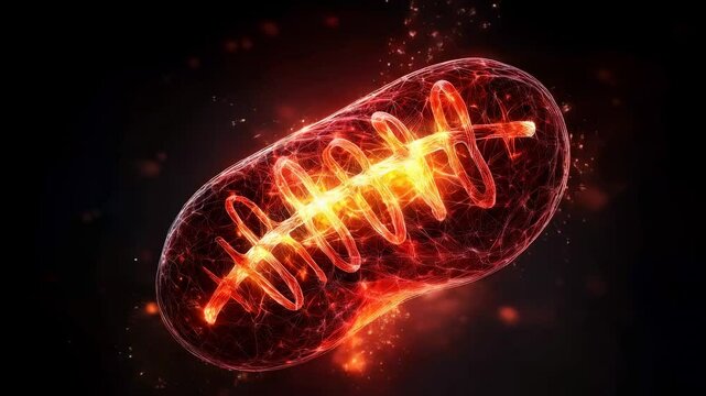 A highly detailed 3D medical visualization of a healthy mitochondrion glowing with golden energy, processing glucose molecule