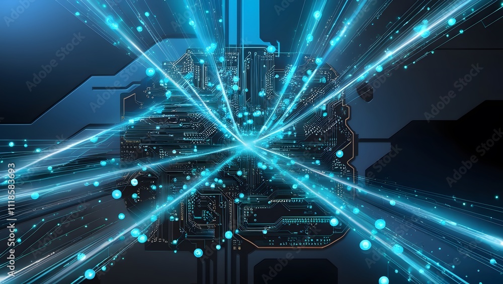 Poster abstract digital network circuit board background banner with glowing light and connecting data dots