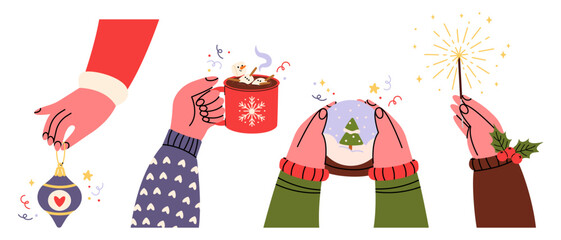 Christmas hands hold a New Year's snow globe, cup of cocoa, sparkler, Christmas tree decoration.  Set of hands with festive decorations. Vector illustration on white background