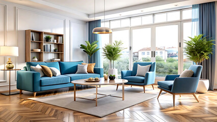 Interior design of modern scandinavian apartment, living room 3d rendering